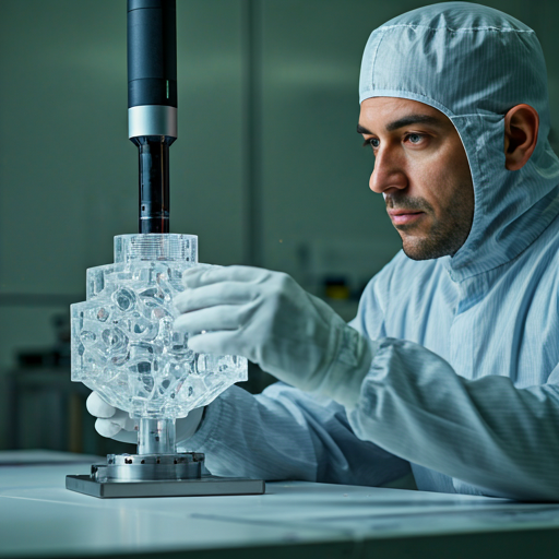 Engineer inspecting a clear fabricated acrylic component with measuring equipment