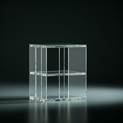 Architectural acrylic display structure with sharp polished edges in a bright gallery-style setting