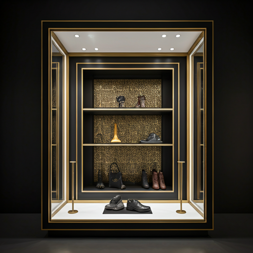 Premium retail fixture with polished acrylic surfaces and warm store lighting